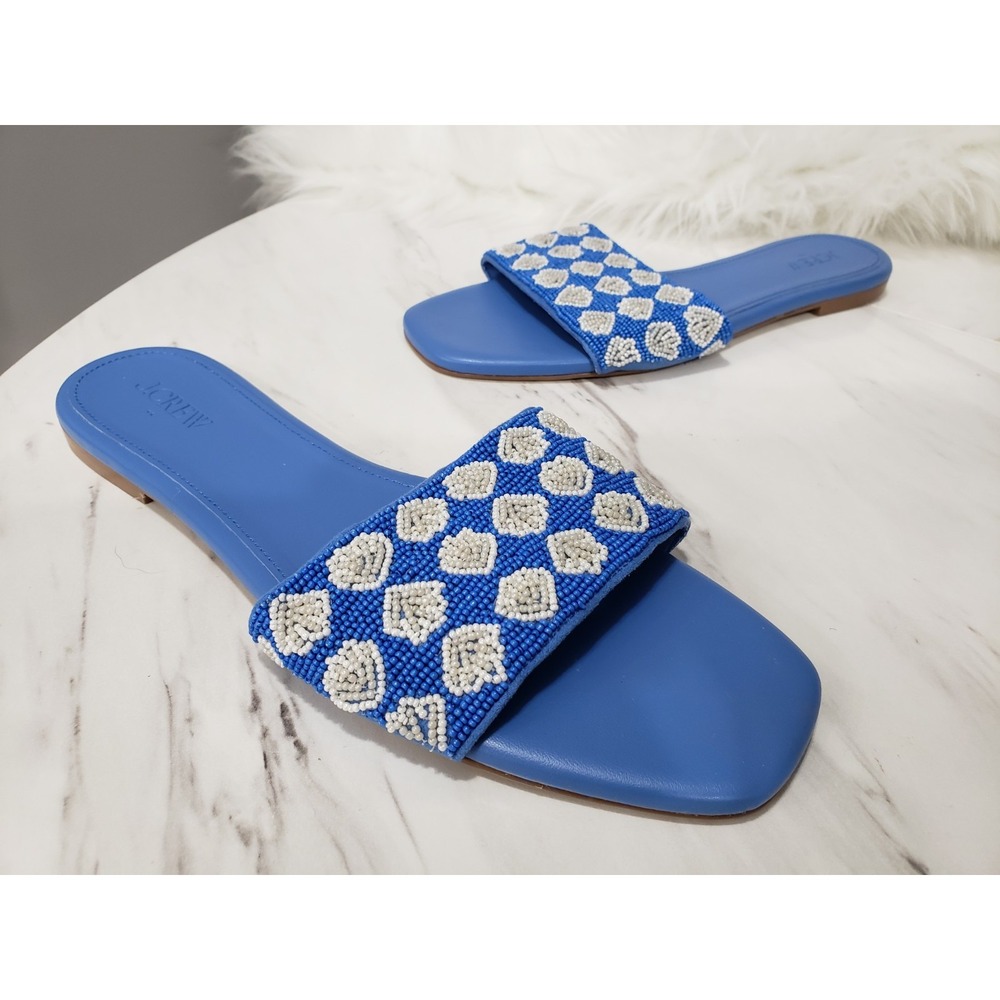 J CREW SEASHELL BEADED SLIDE SANDALS WOMENS BLUE NAUTICAL COASTAL SIZE 10.5